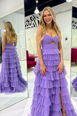 Lilac Sweetheart Keyhole Ruffle Tulle Long Prom Dress with Slit