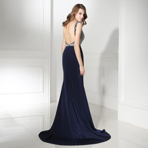 Stunning Sleeveless Navy Blue Mermaid Gown with Silver Embellished Bodice and High Slit Prom Dress,LX370