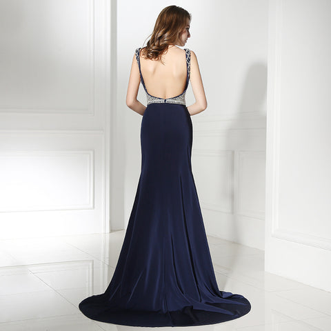 Stunning Sleeveless Navy Blue Mermaid Gown with Silver Embellished Bodice and High Slit Prom Dress,LX370