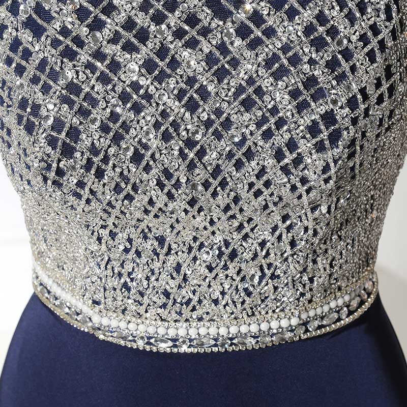 Stunning Sleeveless Navy Blue Mermaid Gown with Silver Embellished Bodice and High Slit Prom Dress,LX370