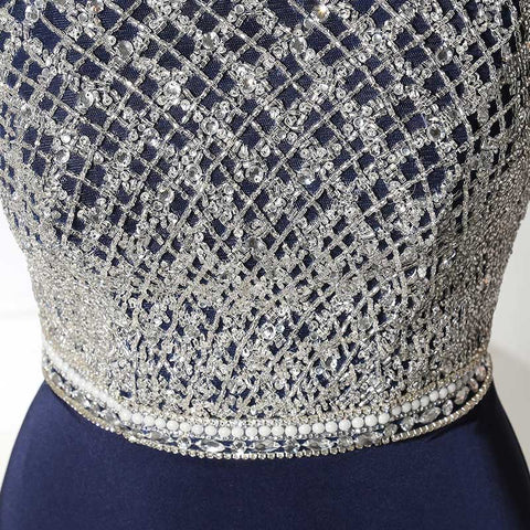 Stunning Sleeveless Navy Blue Mermaid Gown with Silver Embellished Bodice and High Slit Prom Dress,LX370