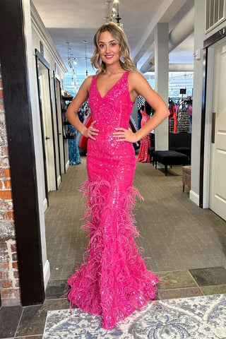 V Neck Fuchsia Sequins Lace Long Mermaid Prom Dress with Feather