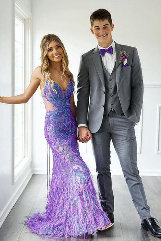 Mermaid Purple Sequins V Neck Long Prom Dress wirh Feather