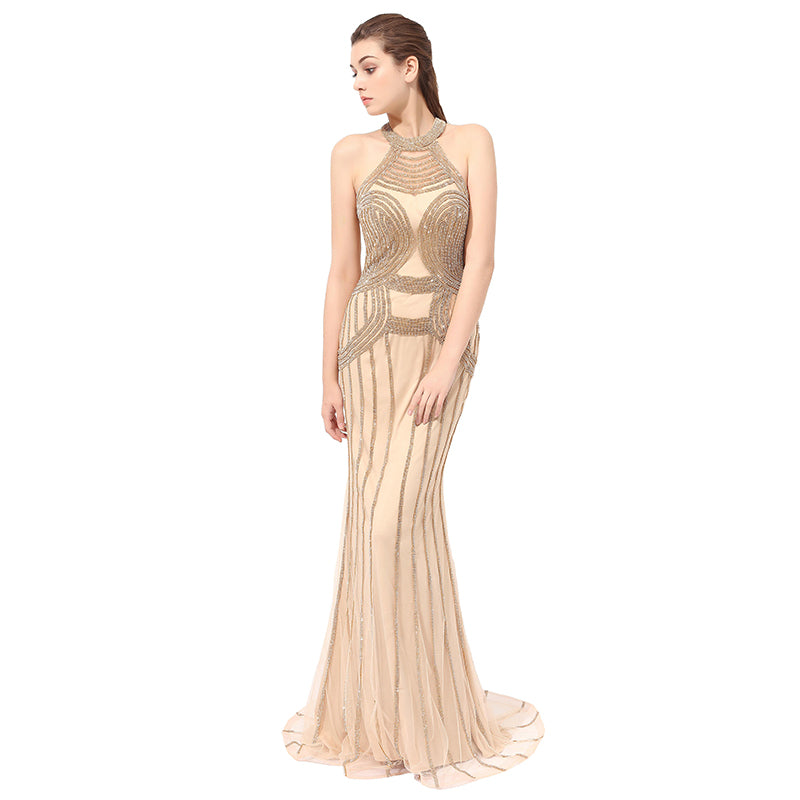 Exquisite Halter - Neck Mermaid Gown with Gold Beaded Detailing Prom Dress,LX408