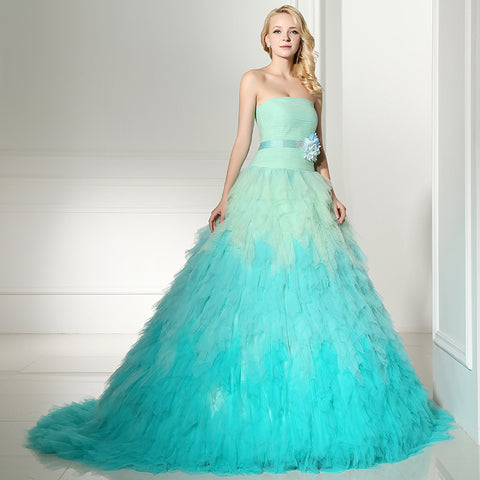 Stunning Strapless Ombre Tulle Ball Gown with Floral Accent Prom Dress, SD362