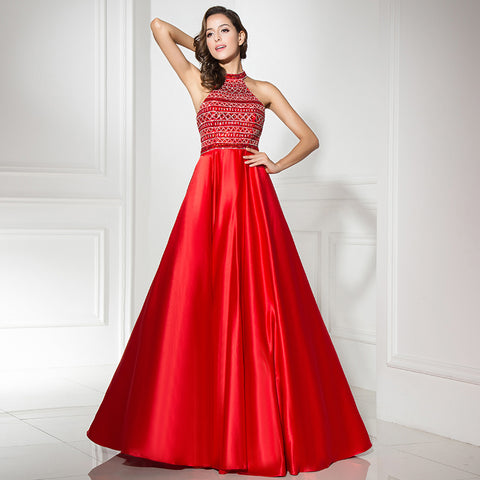 Elegant Halter - Neck Red Satin Gown Embroidered Bodice Prom Dress,LX317
