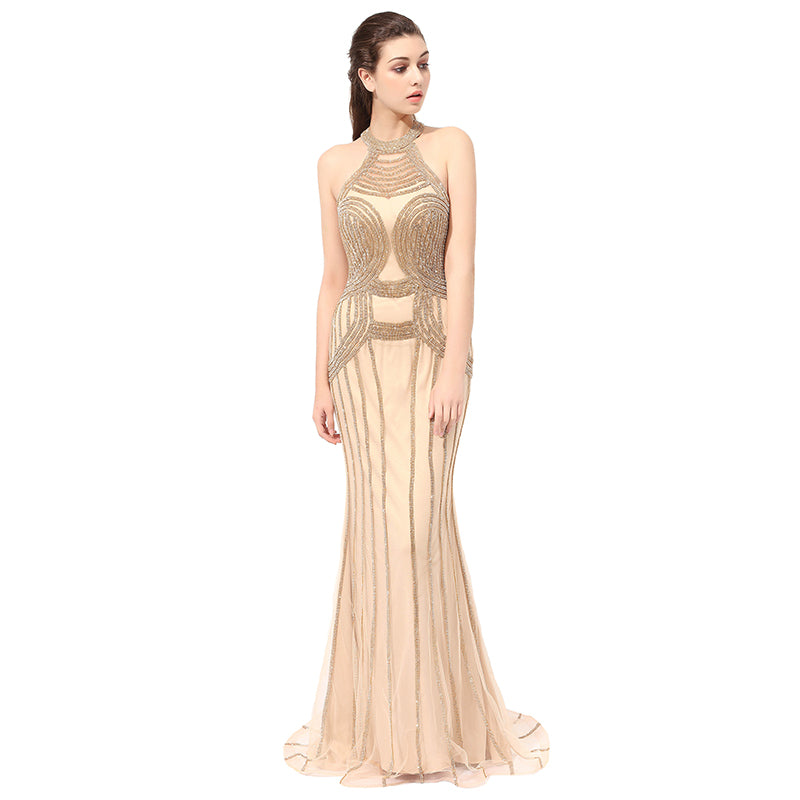 Exquisite Halter - Neck Mermaid Gown with Gold Beaded Detailing Prom Dress,LX408