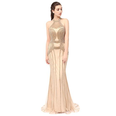 Exquisite Halter - Neck Mermaid Gown with Gold Beaded Detailing Prom Dress,LX408