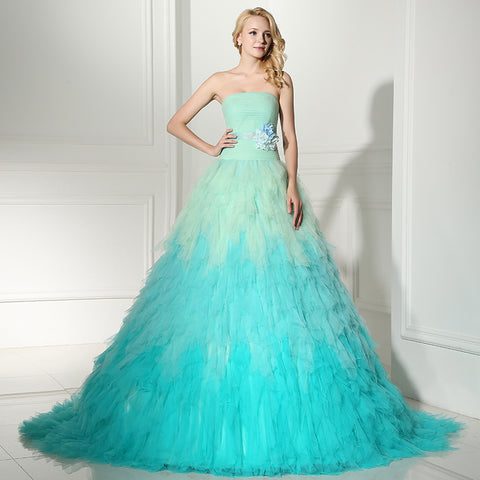 Stunning Strapless Ombre Tulle Ball Gown with Floral Accent Prom Dress, SD362