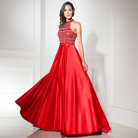 Elegant Halter - Neck Red Satin Gown Embroidered Bodice Prom Dress,LX317