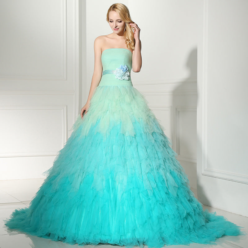 Stunning Strapless Ombre Tulle Ball Gown with Floral Accent Prom Dress, SD362