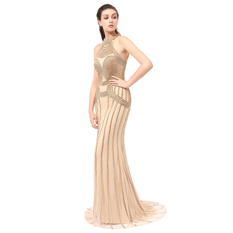 Exquisite Halter - Neck Mermaid Gown with Gold Beaded Detailing Prom Dress,LX408