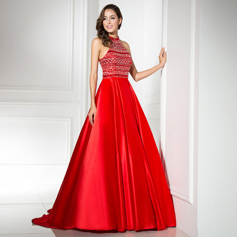 Elegant Halter - Neck Red Satin Gown Embroidered Bodice Prom Dress,LX317