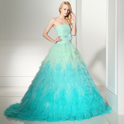 Stunning Strapless Ombre Tulle Ball Gown with Floral Accent Prom Dress, SD362