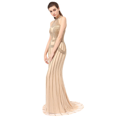 Exquisite Halter - Neck Mermaid Gown with Gold Beaded Detailing Prom Dress,LX408