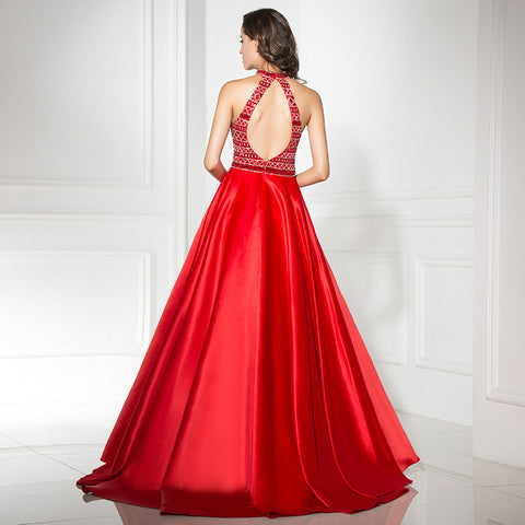 Elegant Halter - Neck Red Satin Gown Embroidered Bodice Prom Dress,LX317