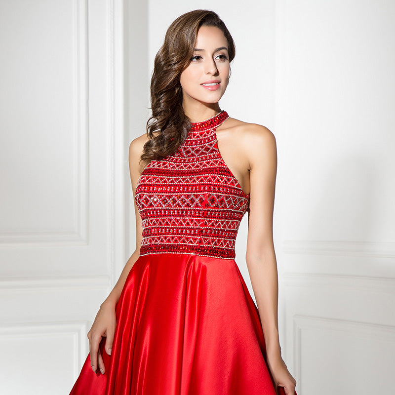Elegant Halter - Neck Red Satin Gown Embroidered Bodice Prom Dress,LX317