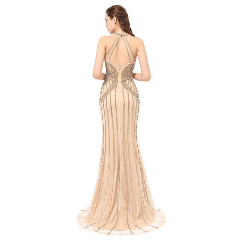 Exquisite Halter - Neck Mermaid Gown with Gold Beaded Detailing Prom Dress,LX408
