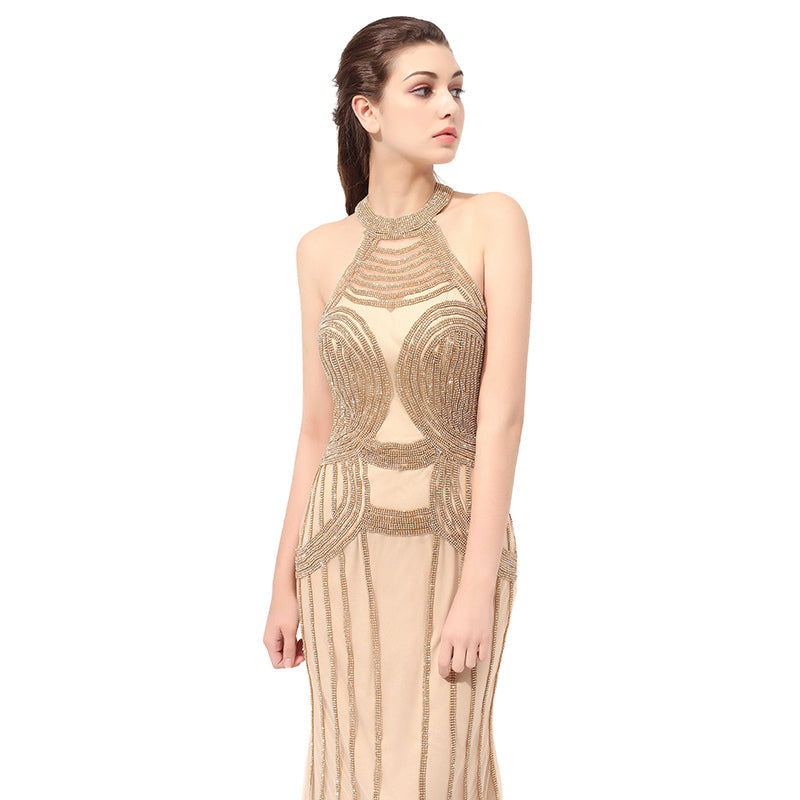 Exquisite Halter - Neck Mermaid Gown with Gold Beaded Detailing Prom Dress,LX408