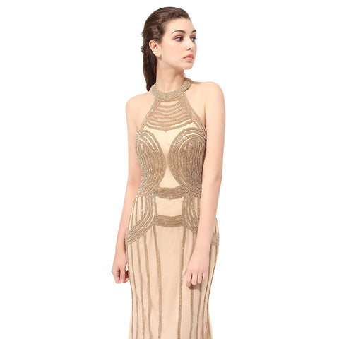 Exquisite Halter - Neck Mermaid Gown with Gold Beaded Detailing Prom Dress,LX408