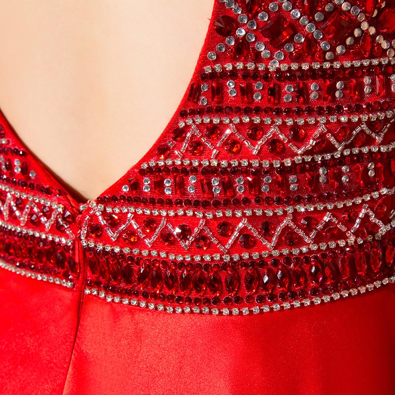 Elegant Halter - Neck Red Satin Gown Embroidered Bodice Prom Dress,LX317