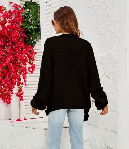 Large size flower cardigan lantern sleeve knitted sweater