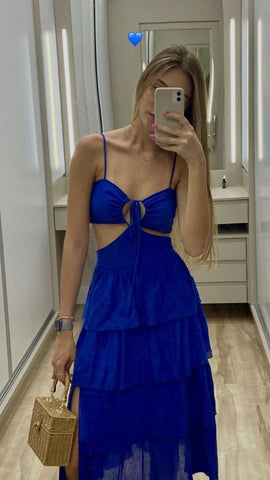 Sleeveless Blue Prom Party Dress with Split