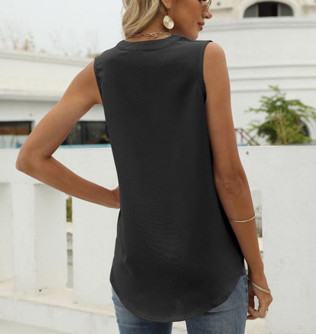 Solid color chiffon shirt loose V-neck pullover sleeveless top vest