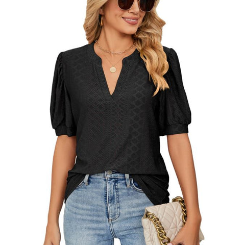 Summer casual V-neck solid color hollow bubble sleeve loose T-shirt