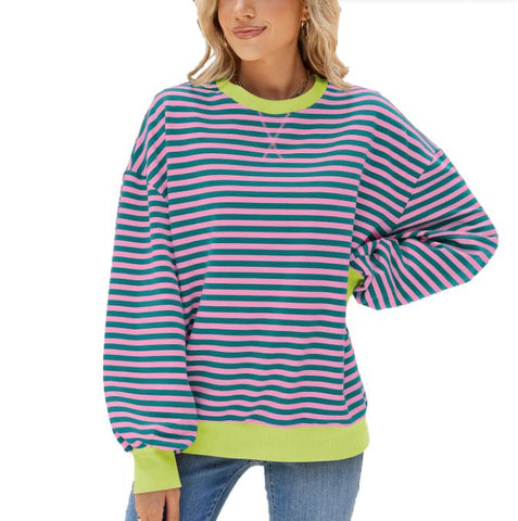 Autumn and winter striped round neck contrasting loose long sleeved sweatshirt jacket for women