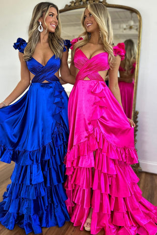Fashion A Line V Neck Satin Long Prom Dresses with Slit