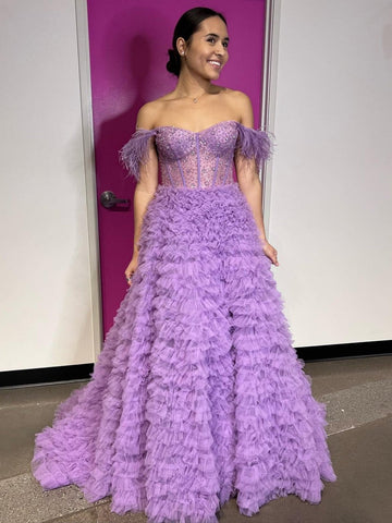 A Line Long Tiered Tulle Sweetheart   Prom Dress With Slit