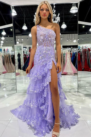 Cute One Shoulder Lilac Ruffle A Line Long Prom Dress with Appliques