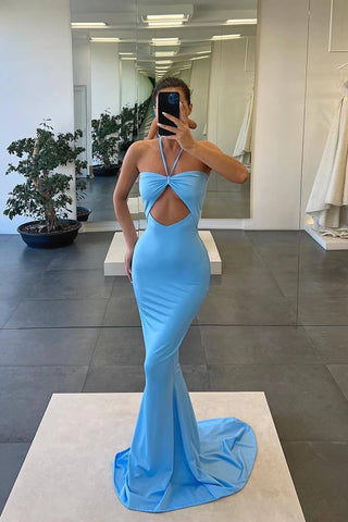 Mermaid Blue Halter Strapless Evening Dress with Sleeveless