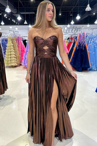 Fashion Sweetheart Satin A Line Long Prom Dresses with Slit