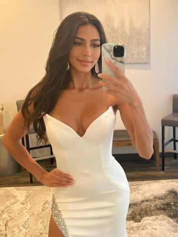 V Neck Strapless  Long Prom Dress With Slit