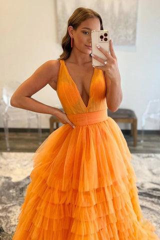 A-line V-NeckTulle  Long  Prom Dress