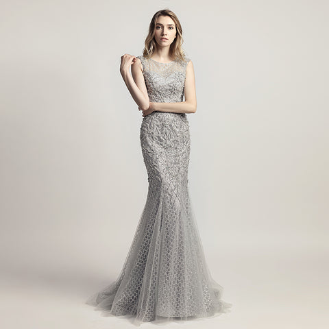 Glamorous Silver Sleeveless Mermaid Gown with Intricate Beaded and Mesh Detailing Prom Dress,LX445