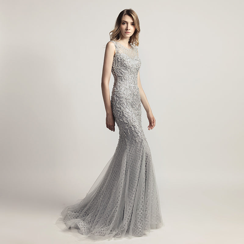 Glamorous Silver Sleeveless Mermaid Gown with Intricate Beaded and Mesh Detailing Prom Dress,LX445