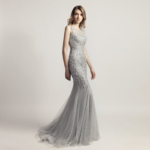 Glamorous Silver Sleeveless Mermaid Gown with Intricate Beaded and Mesh Detailing Prom Dress,LX445