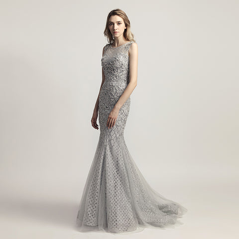 Glamorous Silver Sleeveless Mermaid Gown with Intricate Beaded and Mesh Detailing Prom Dress,LX445