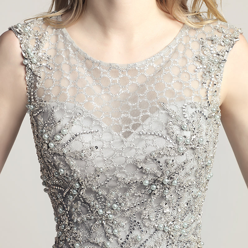 Glamorous Silver Sleeveless Mermaid Gown with Intricate Beaded and Mesh Detailing Prom Dress,LX445