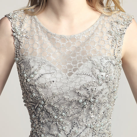 Glamorous Silver Sleeveless Mermaid Gown with Intricate Beaded and Mesh Detailing Prom Dress,LX445