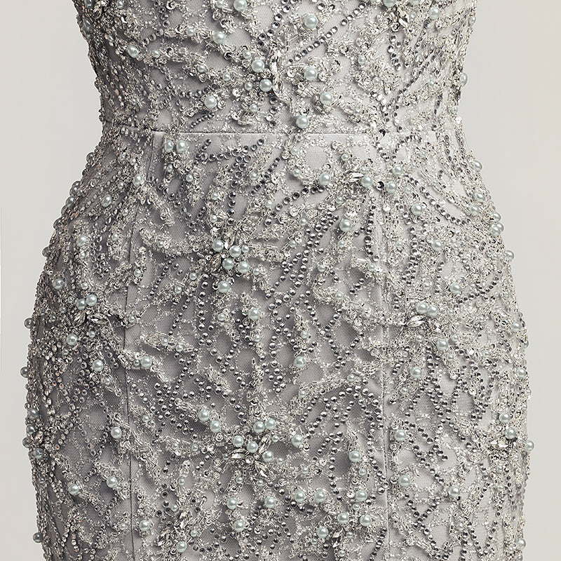 Glamorous Silver Sleeveless Mermaid Gown with Intricate Beaded and Mesh Detailing Prom Dress,LX445