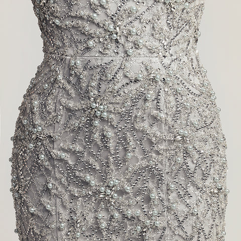 Glamorous Silver Sleeveless Mermaid Gown with Intricate Beaded and Mesh Detailing Prom Dress,LX445