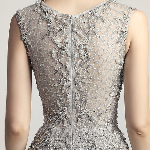 Glamorous Silver Sleeveless Mermaid Gown with Intricate Beaded and Mesh Detailing Prom Dress,LX445