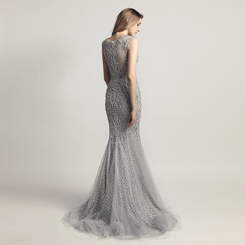 Glamorous Silver Sleeveless Mermaid Gown with Intricate Beaded and Mesh Detailing Prom Dress,LX445