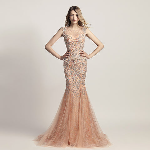 Glamorous Silver Sleeveless Mermaid Gown with Intricate Beaded and Mesh Detailing Prom Dress,LX445