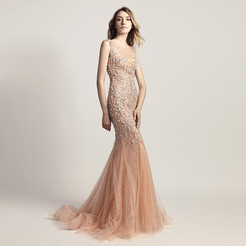 Glamorous Silver Sleeveless Mermaid Gown with Intricate Beaded and Mesh Detailing Prom Dress,LX445