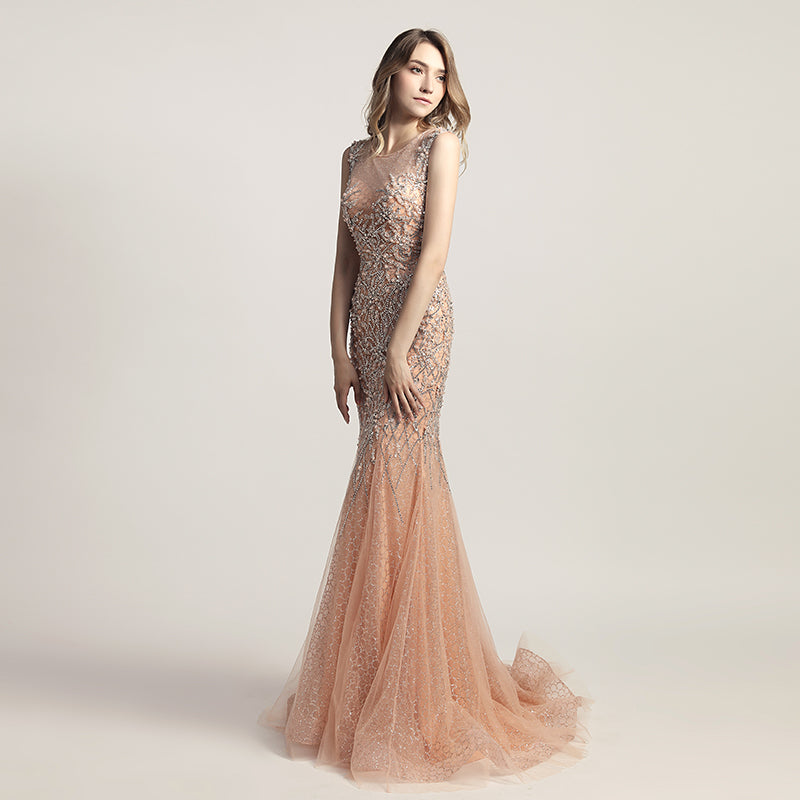 Glamorous Silver Sleeveless Mermaid Gown with Intricate Beaded and Mesh Detailing Prom Dress,LX445